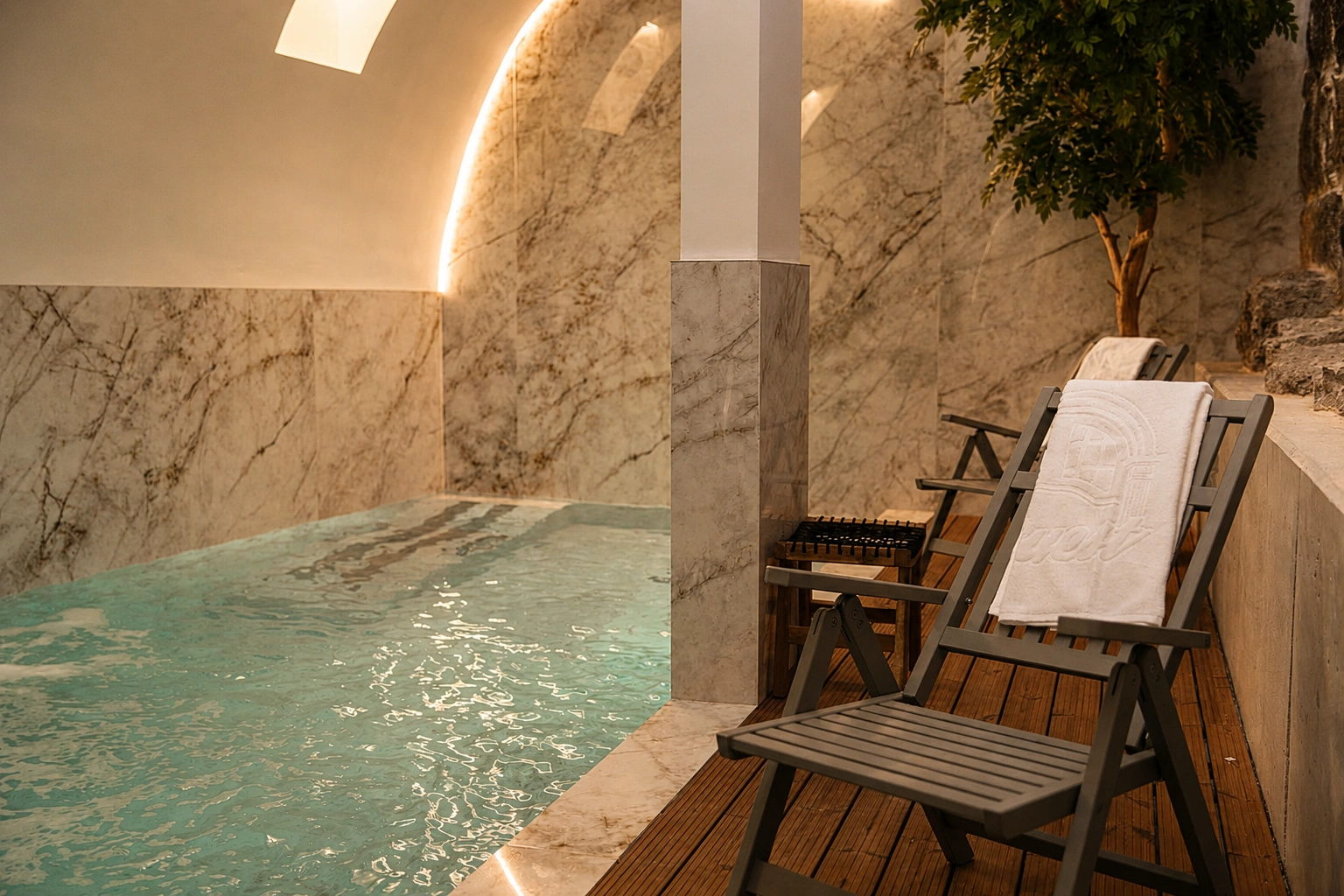 Piscina interior climatizada con pared de piedra y bóveda