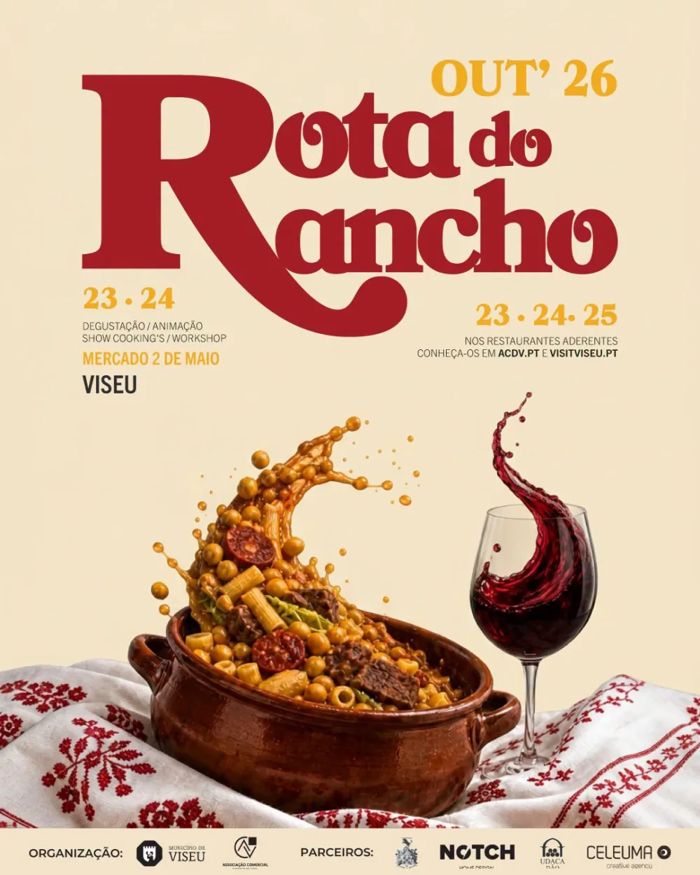 Cartaz da Rota do Rancho, outubro de 2026: 23 e 24 no Mercado 2 de Maio, com degustação, animação, showcooking e workshop; 23 a 25 nos restaurantes aderentes.